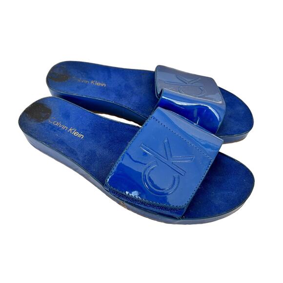 Calvin Klein Blue Patent Leather Marlina Slides Sz 5 - Picture 1 of 5
